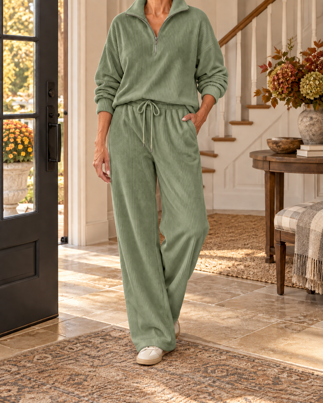 Women's Corduroy Half-Zip Lounge Set – Relaxed Wide-Leg Fit