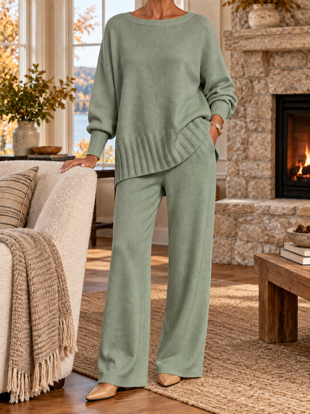 Women's Soft Knit Lounge Set – Relaxed Sweater & Wide-Leg Pants