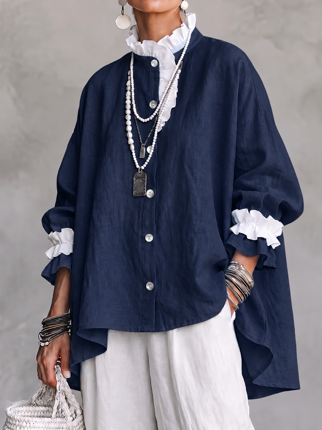 Women Ruffled Collar Linen Shirt, Long Sleeve Button Down Loose Oversized Blouse Top