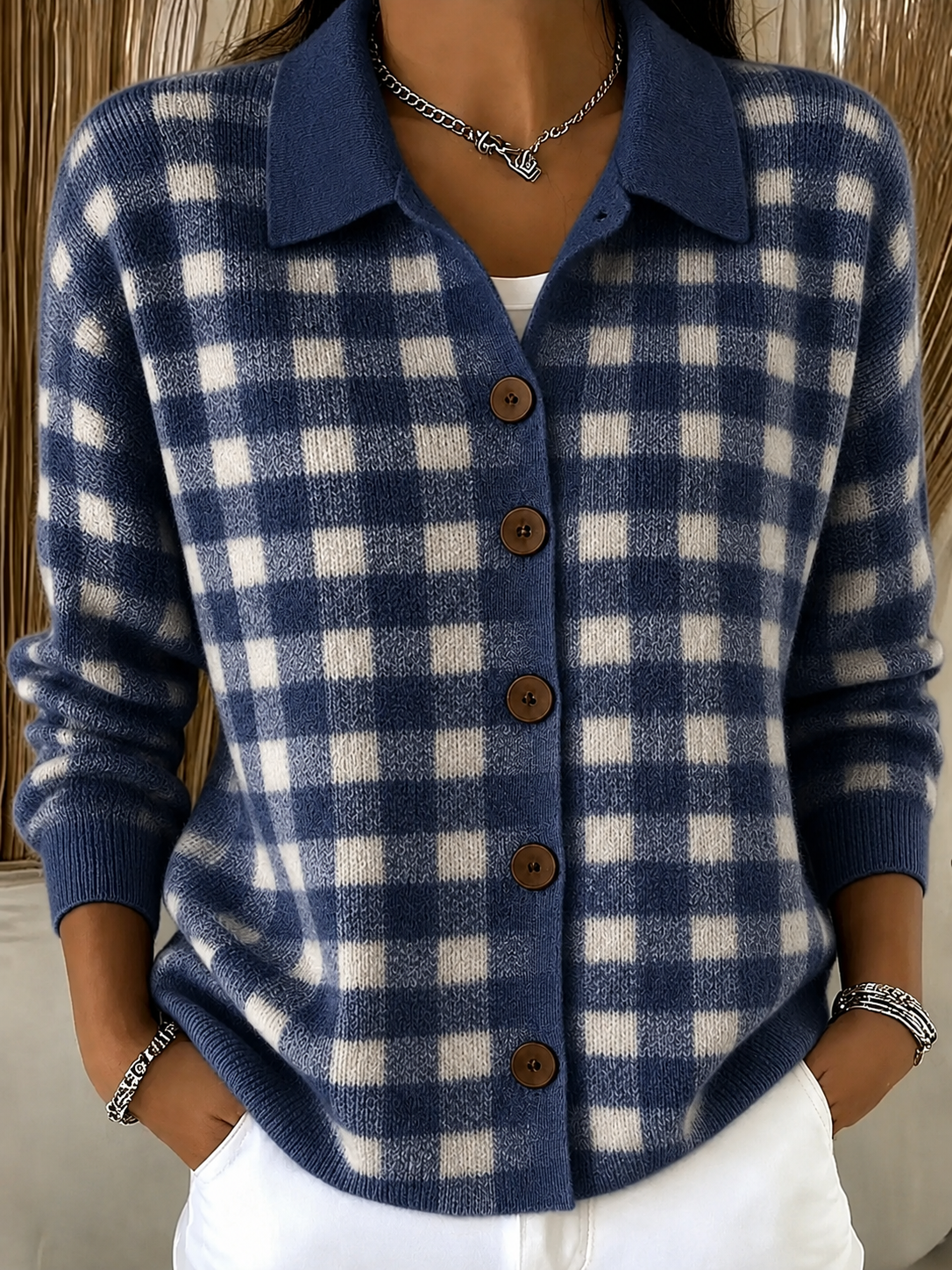 Clearance Sale🔥Women Soft Gingham Knit Button Cardigan