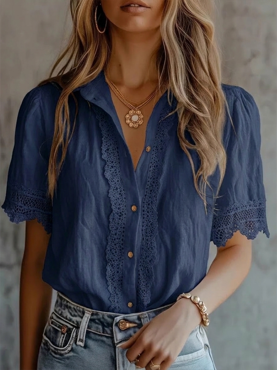 New Arrivals🔥Women's Paneled Lace, Linen, And Cotton Short-sleeve Shirt