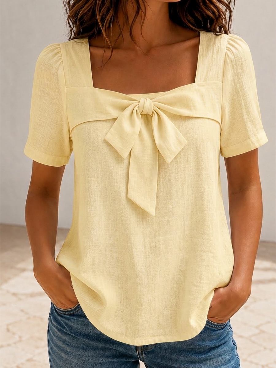 Today 49% off🔥Women’s Cotton Linen Bow Square Neck Blouse