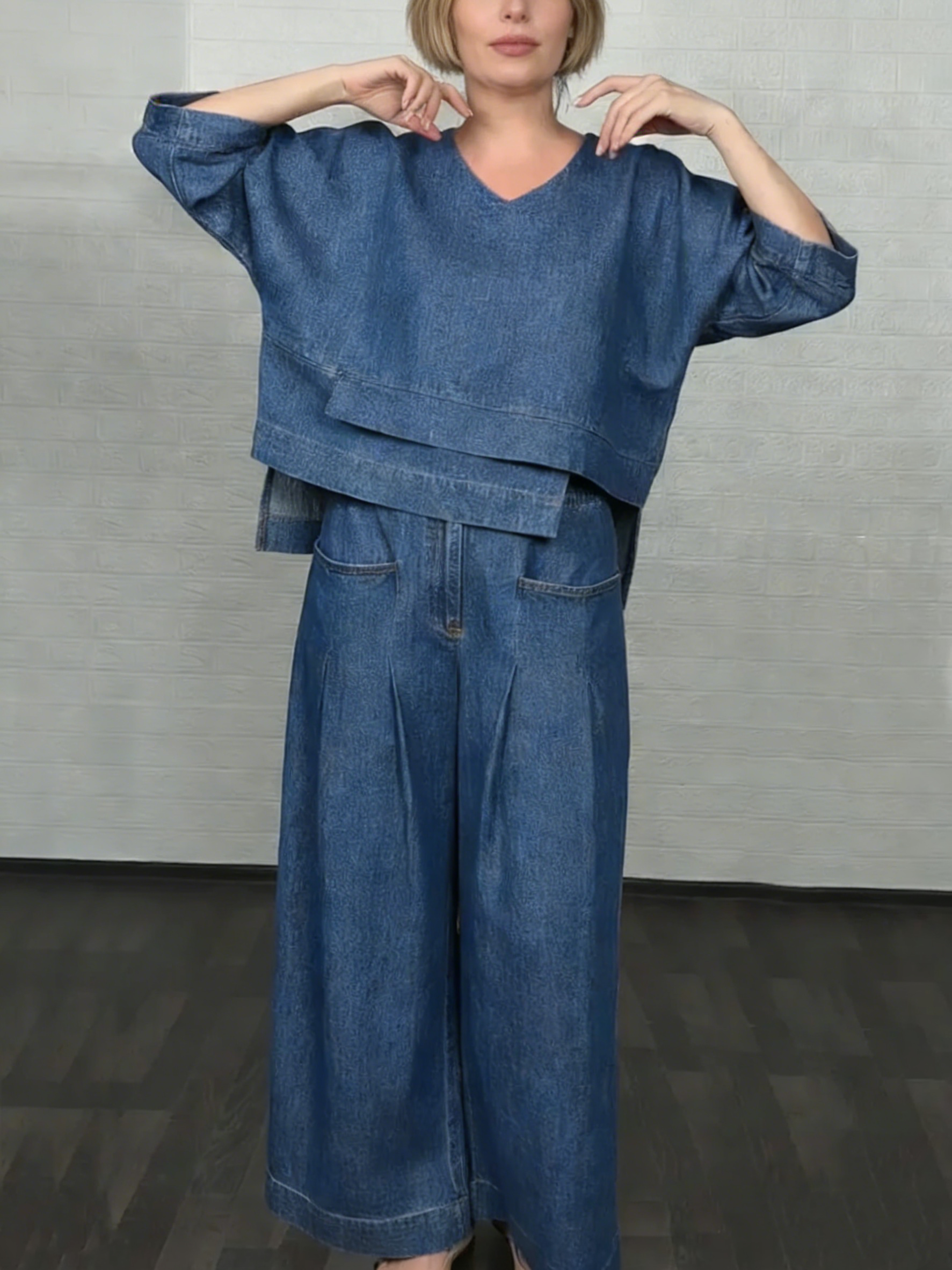 New Arrivals🔥Women’s Denim V-Neck Wide Leg Two-Piece Set