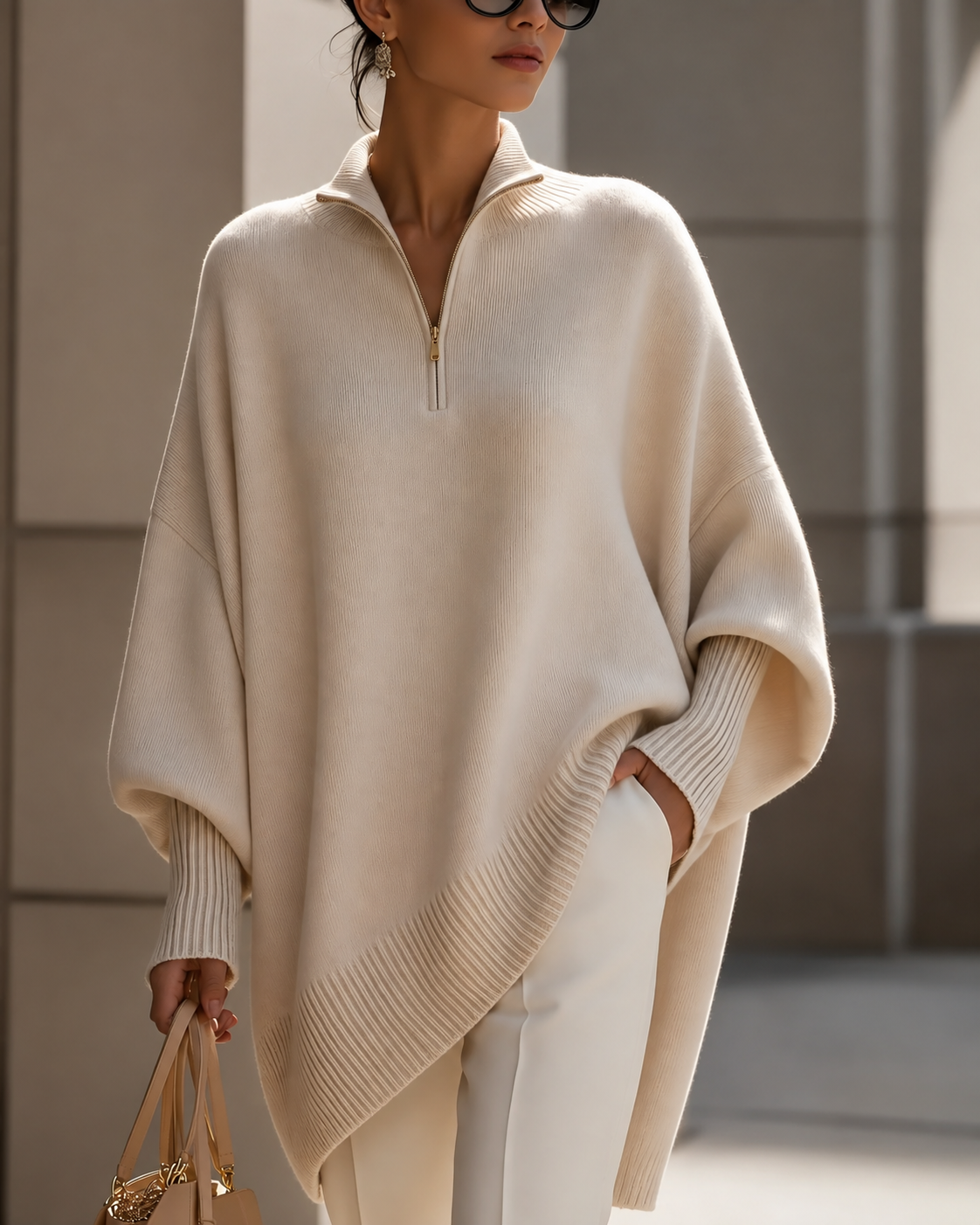 Women's Oversized Quarter-Zip Knit Poncho Sweater