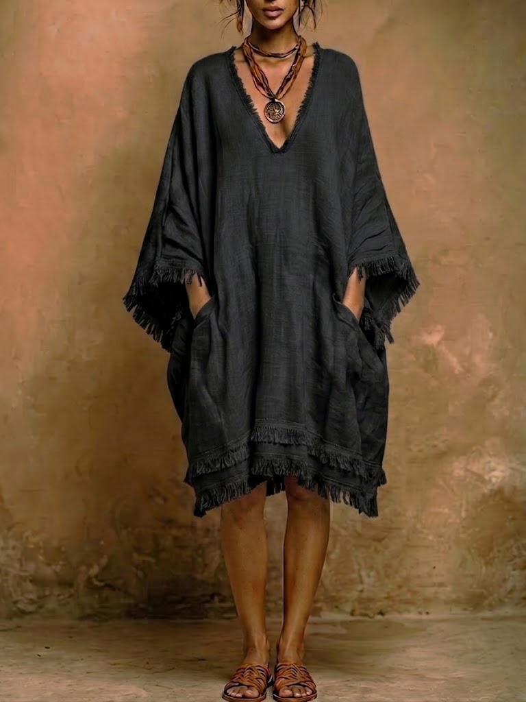 Relaxed Frayed Hem Oversized Linen Dress