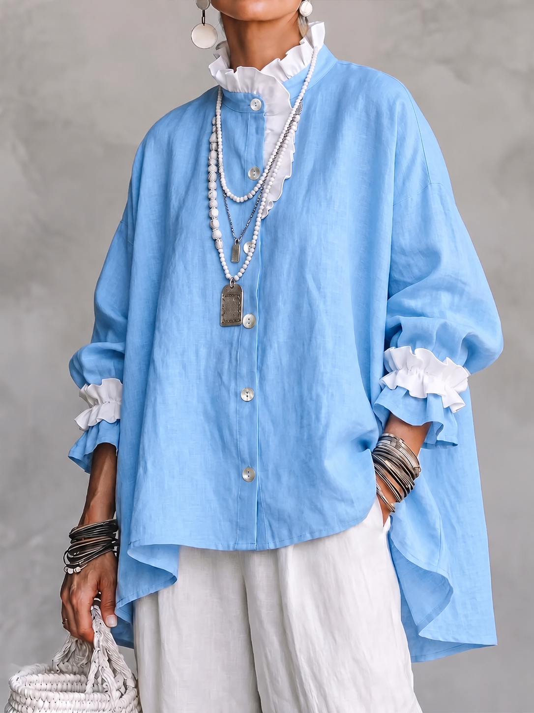 Women Ruffled Collar Linen Shirt, Long Sleeve Button Down Loose Oversized Blouse Top