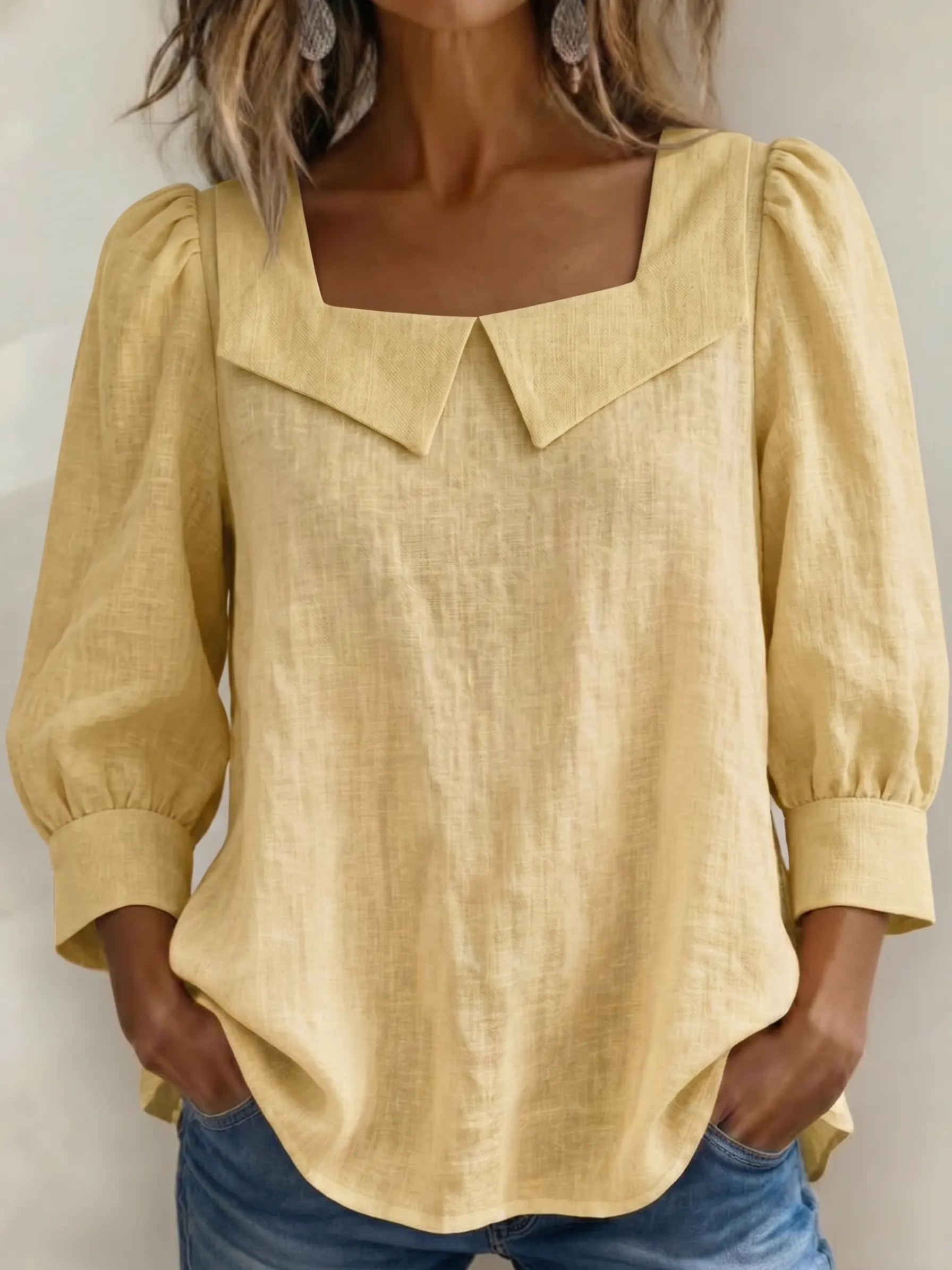 Today 49% off🔥Women’s Cotton Linen Square Neck Puff Sleeve Blouse