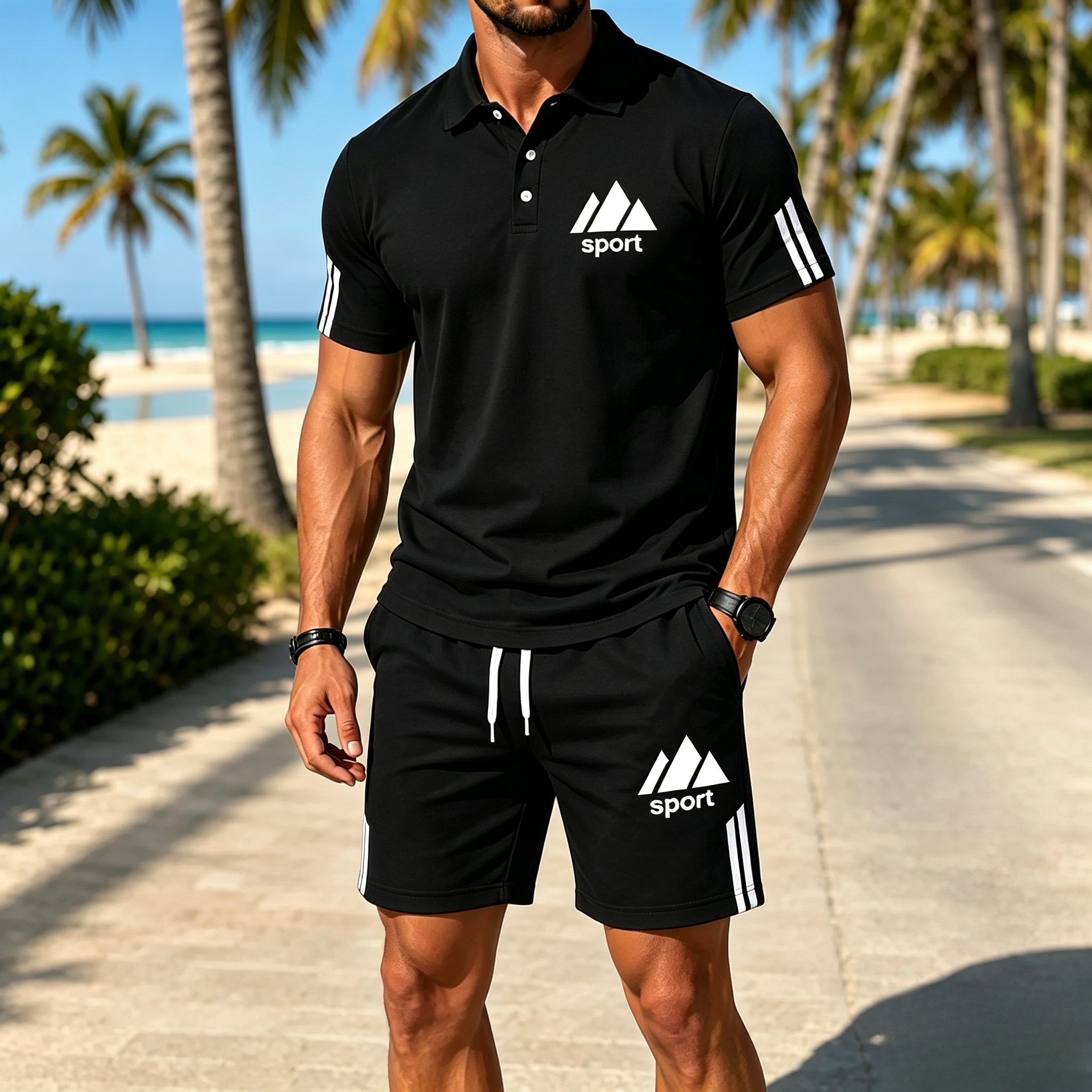 Men's summer polo shirt and matching shorts set - Black