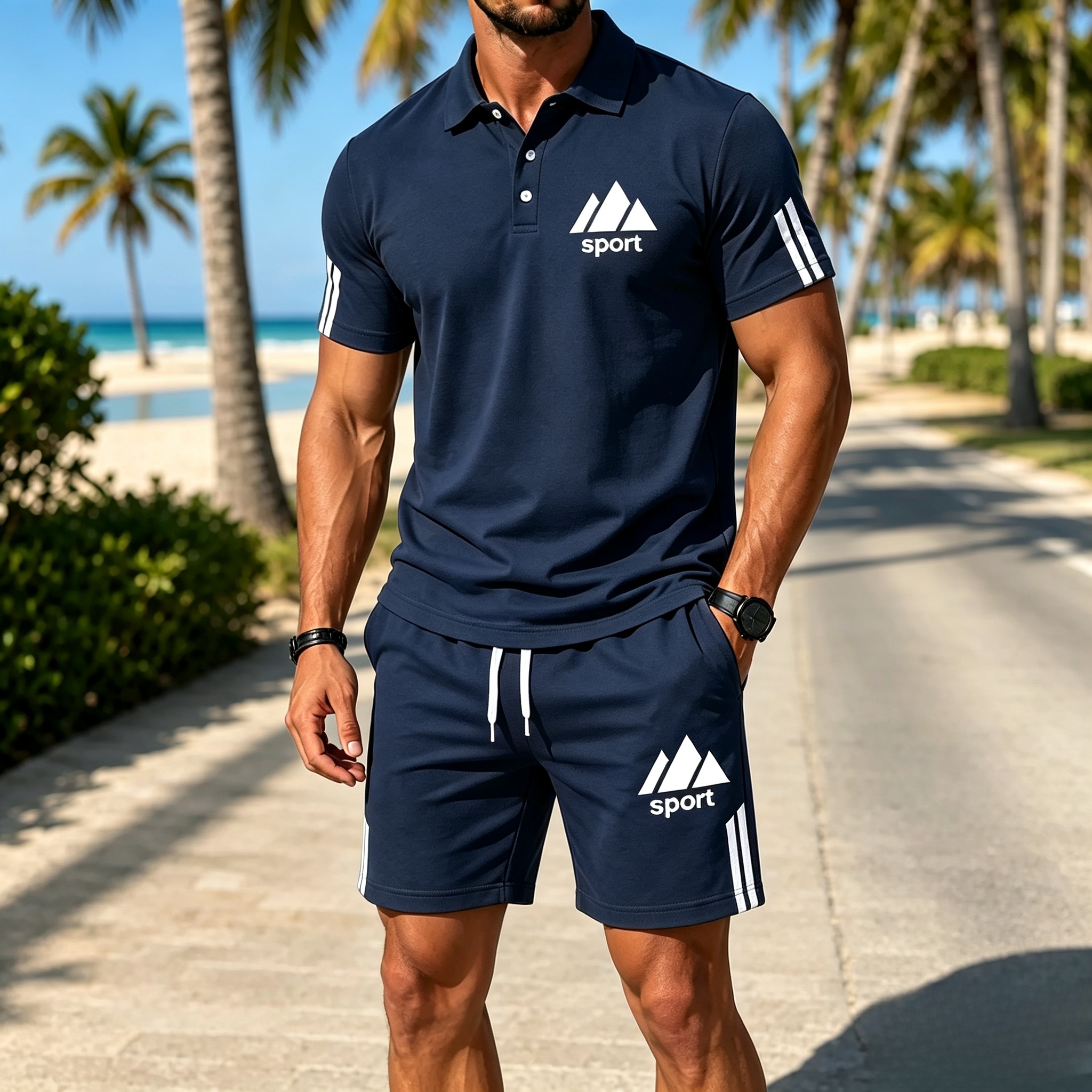 Men's summer polo shirt and matching shorts set - Black