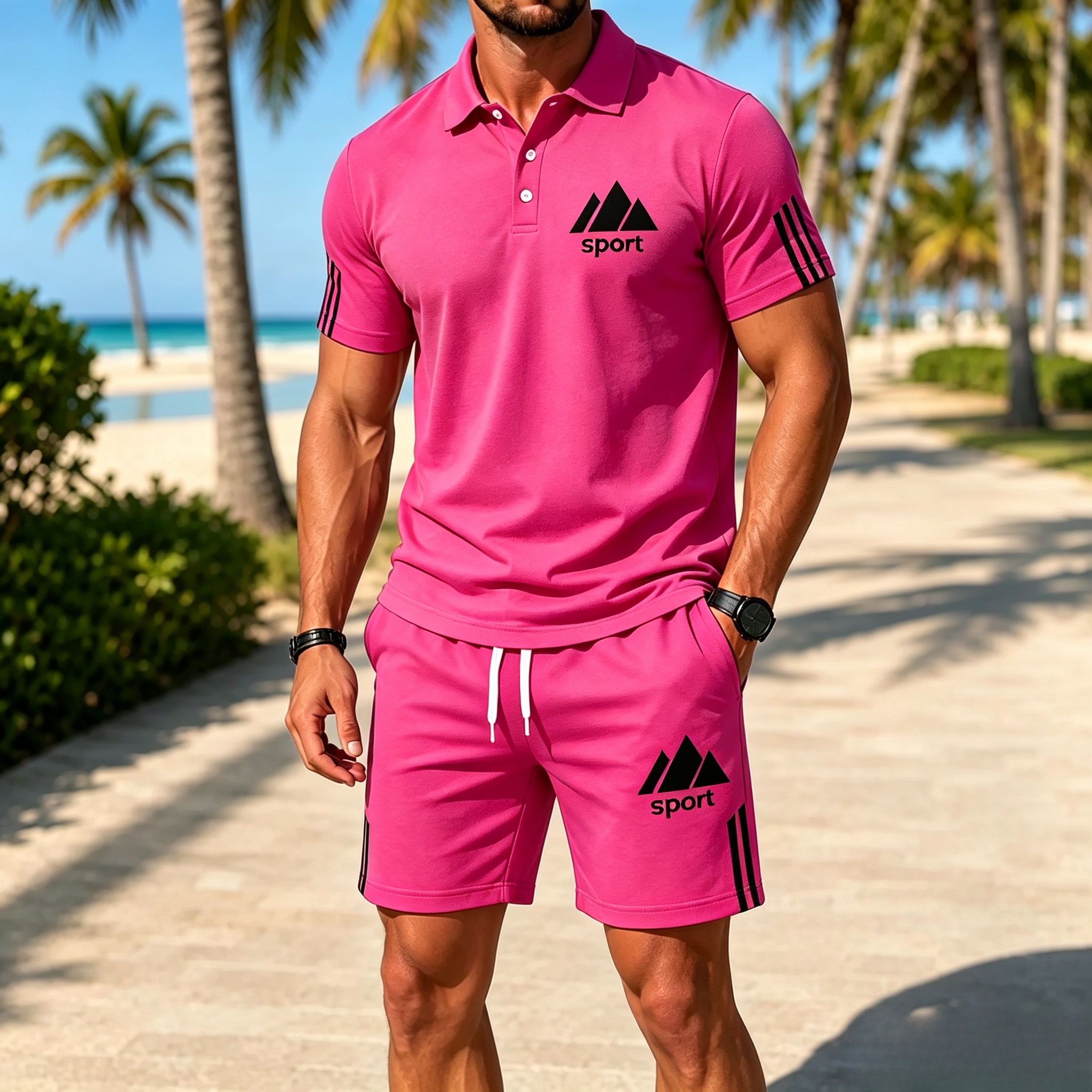 Men's summer polo shirt and matching shorts set - Black