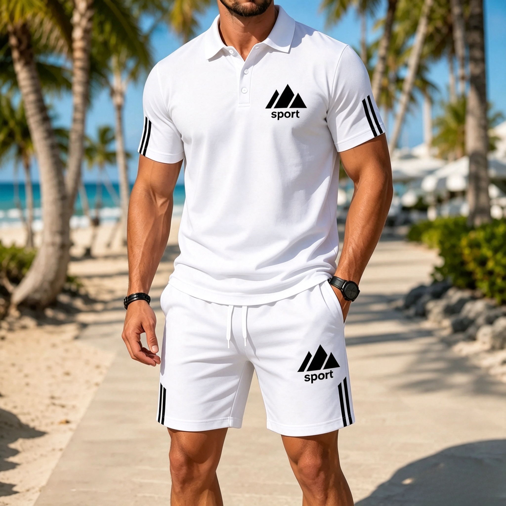 Men's summer polo shirt and matching shorts set - Black
