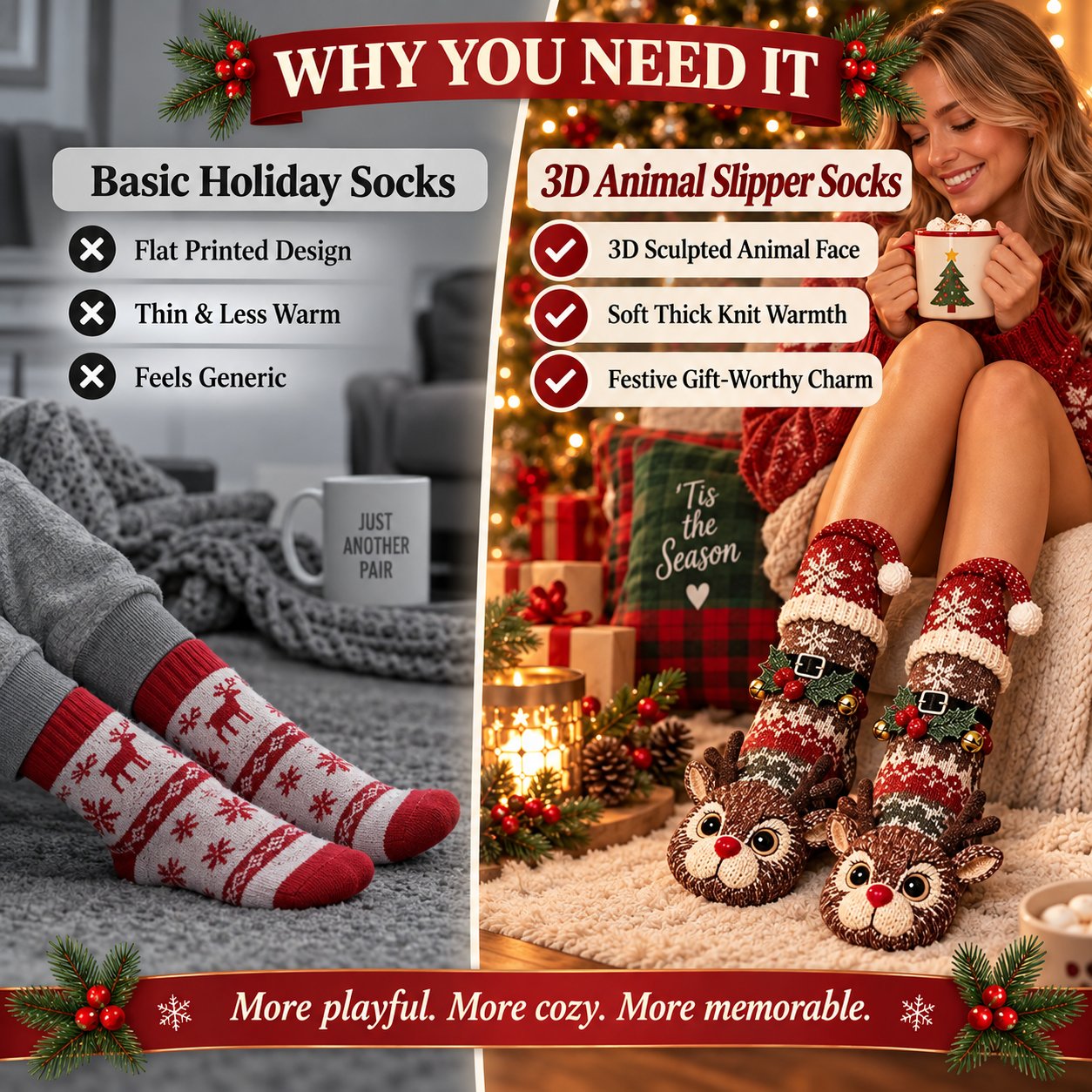 3D Knit Christmas Animal Slipper Socks | Cute Festive Soft Warm Indoor Socks