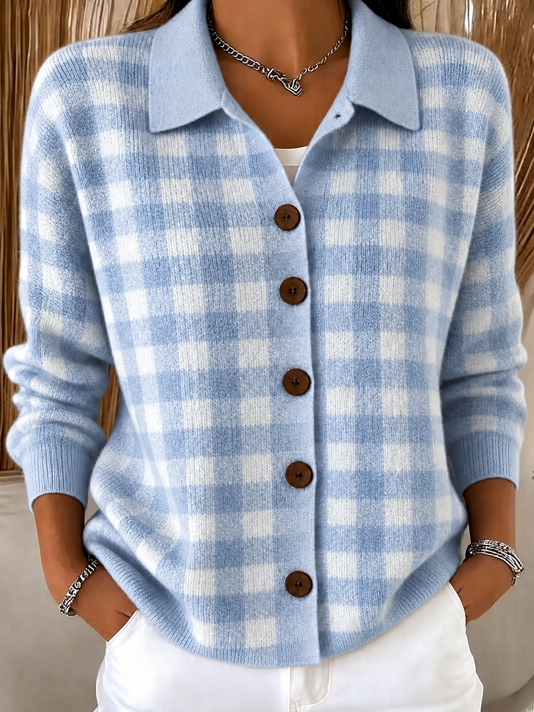 Clearance Sale🔥Women Soft Gingham Knit Button Cardigan