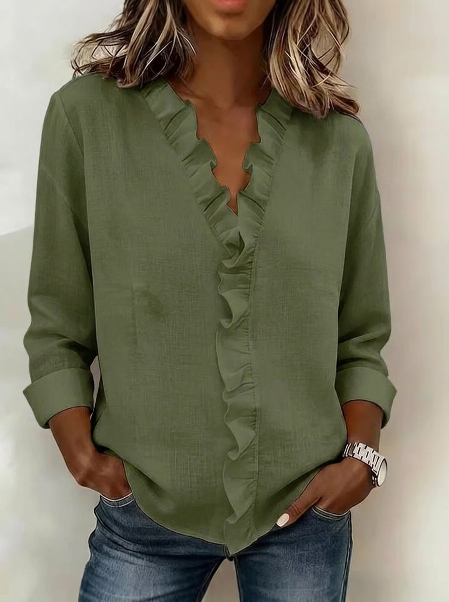 Elegant Ruffle V-Neck Linen Blend Blouse