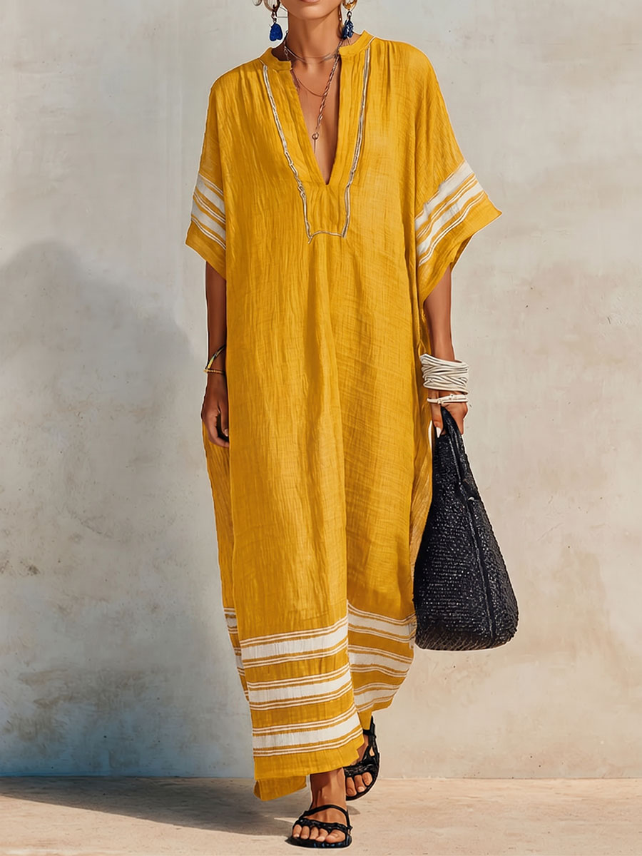 Women’s Cotton Linen Embroidered V-Neck Kaftan Dress
