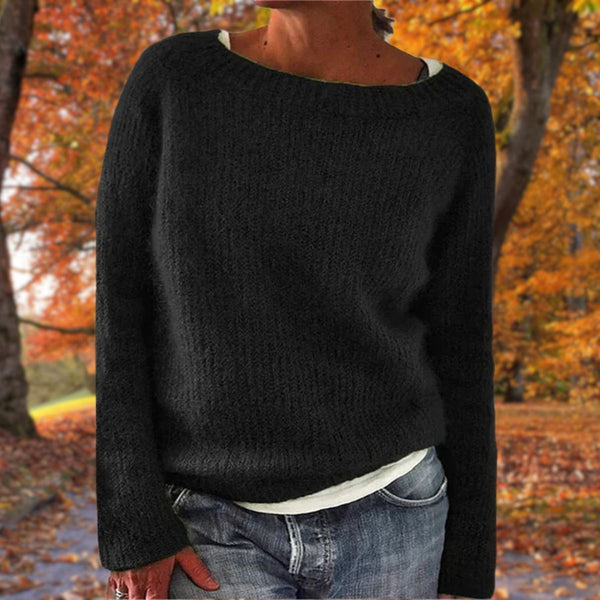 Women's soft relaxed-fit wide-neck knit sweater in black