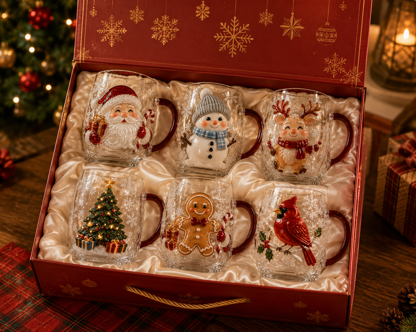 Six-piece Christmas glass mug collection in a presentation gift box