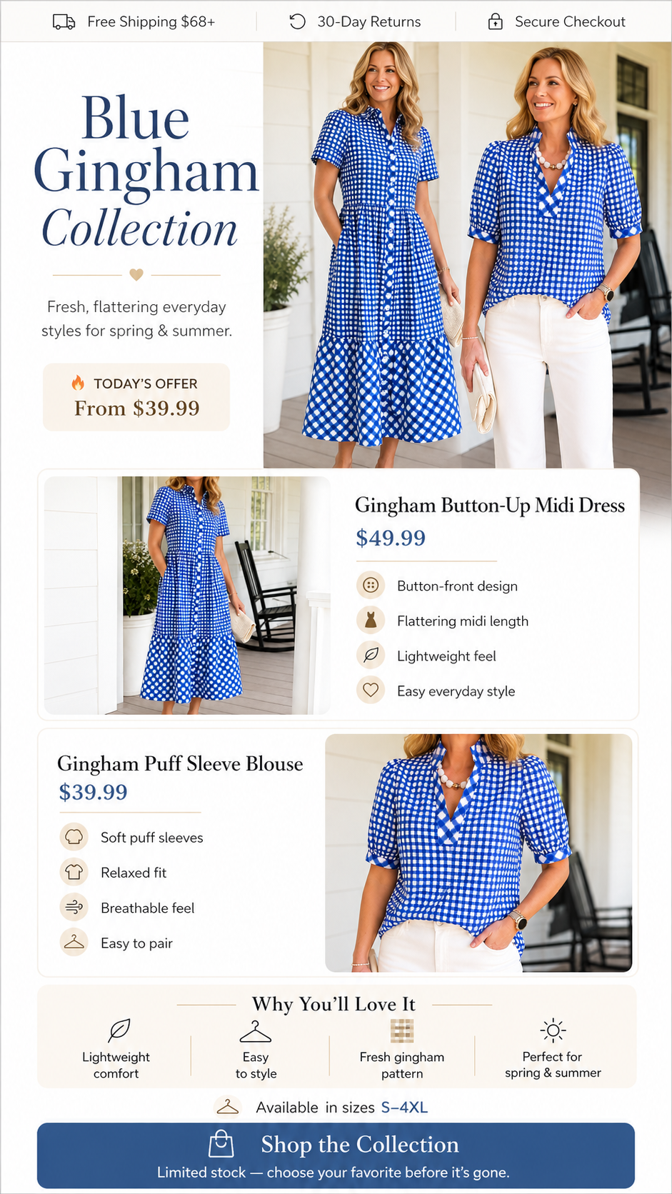 Today 49% off🔥Women’s Cotton Blend Gingham Button-Up Midi Dress And Tops