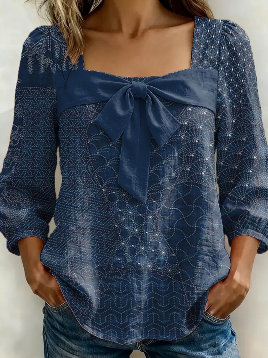 New Arrivals🔥Women’s Cotton Linen Printed Bow Square Neck Blouse