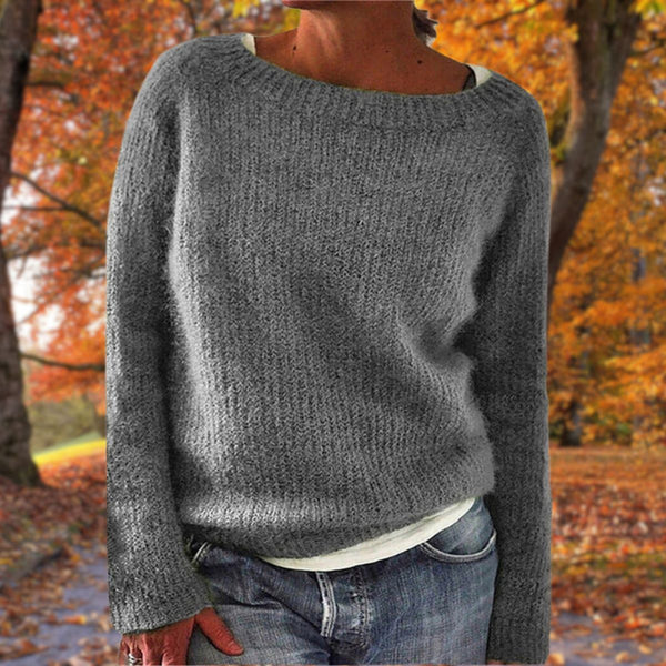 Women's soft relaxed-fit wide-neck knit sweater in heather gray