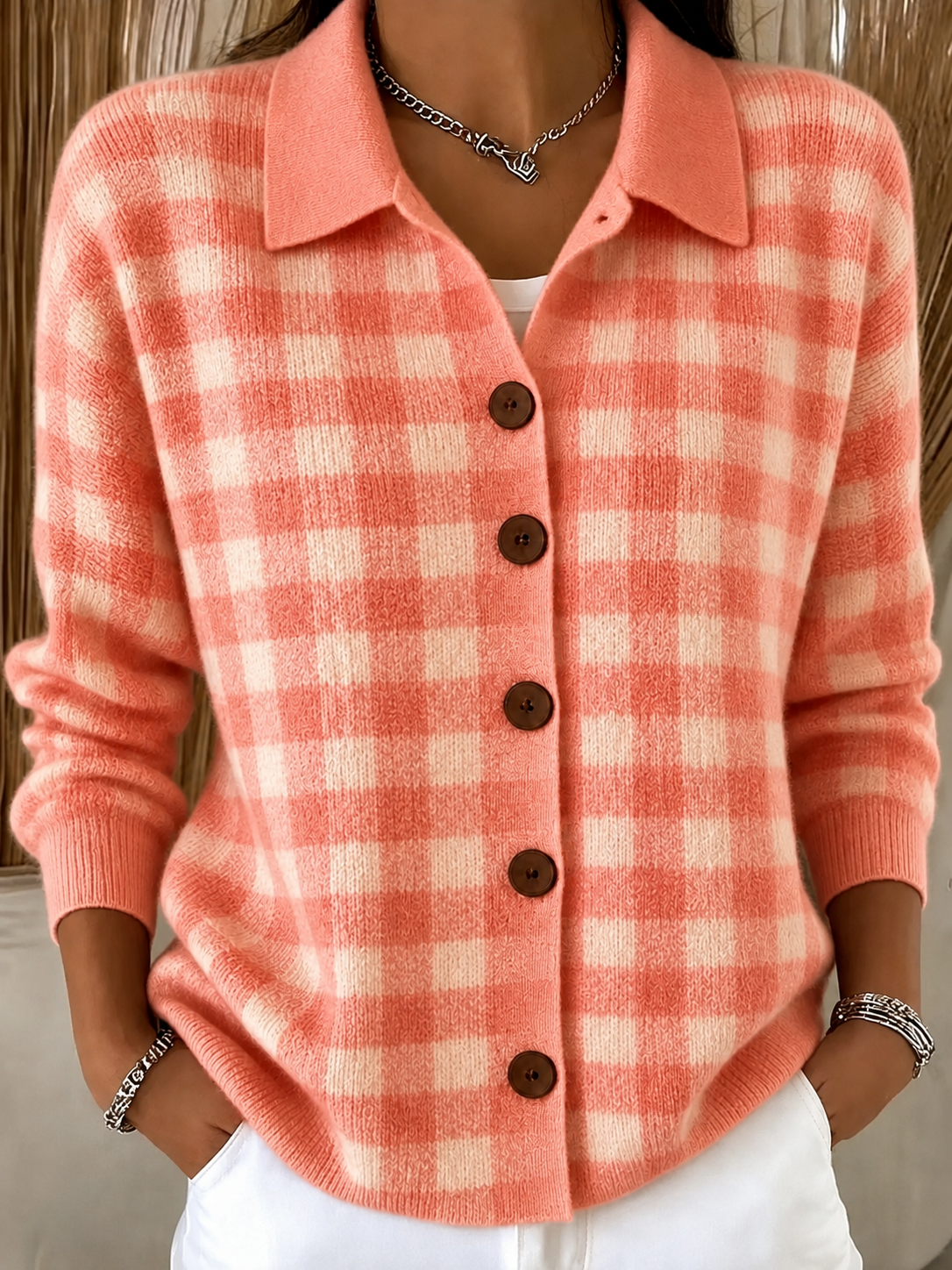 Clearance Sale🔥Women Soft Gingham Knit Button Cardigan