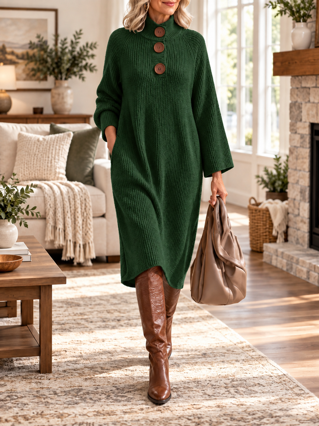 Women’s Ribbed Button Sweater Dress – Cozy Everyday Wear