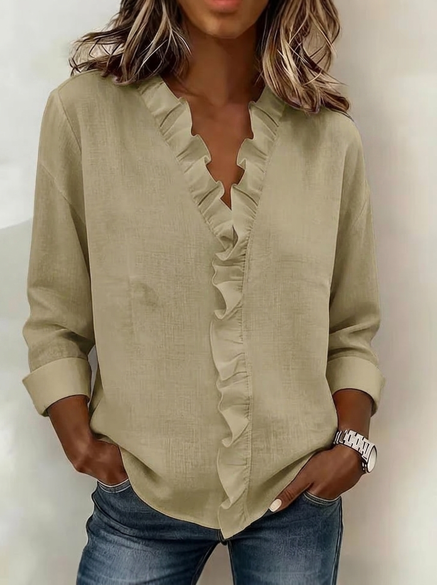 Elegant Ruffle V-Neck Linen Blend Blouse
