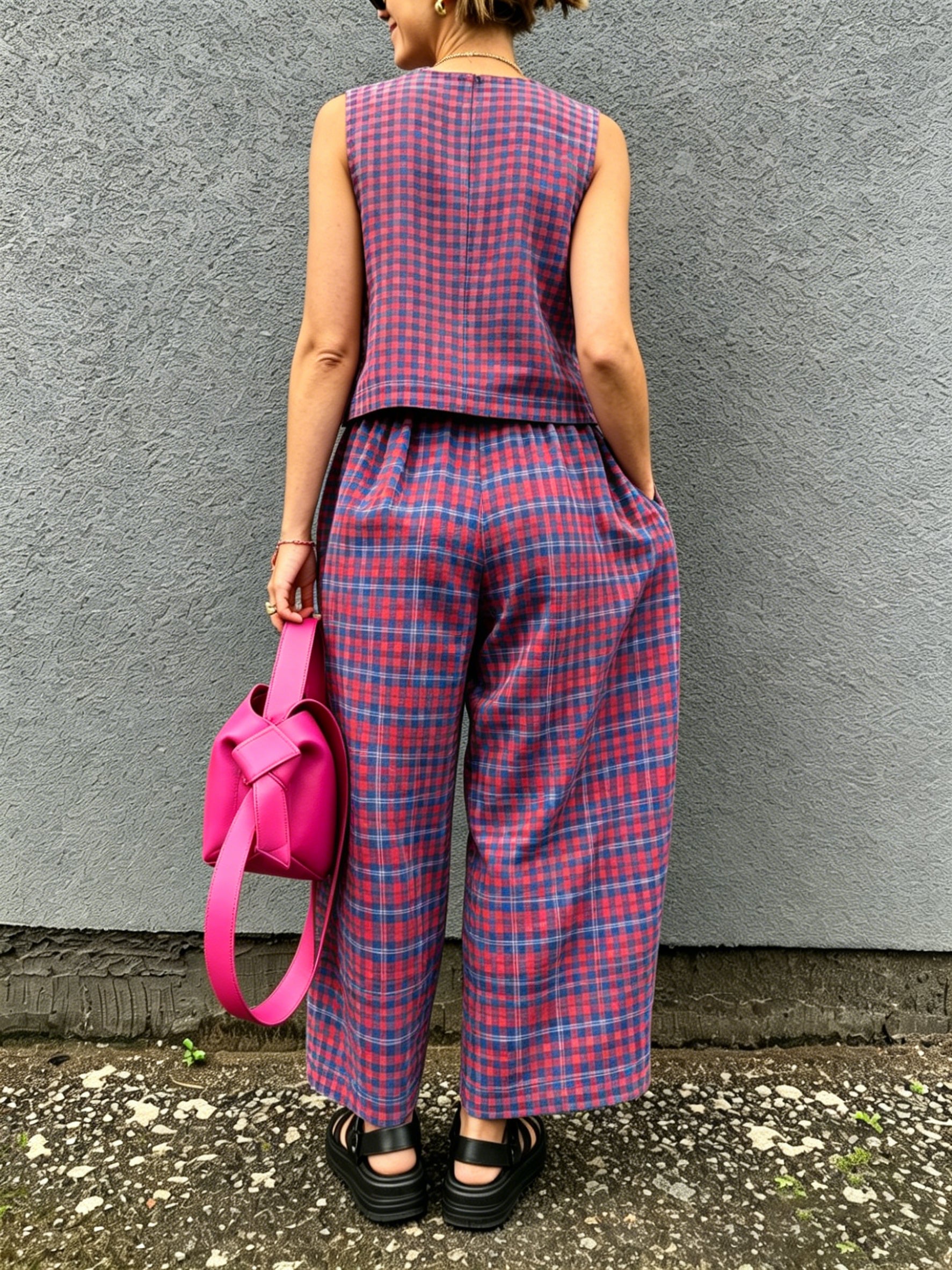 Plaid Minimal Sleeveless Two-Piece Set