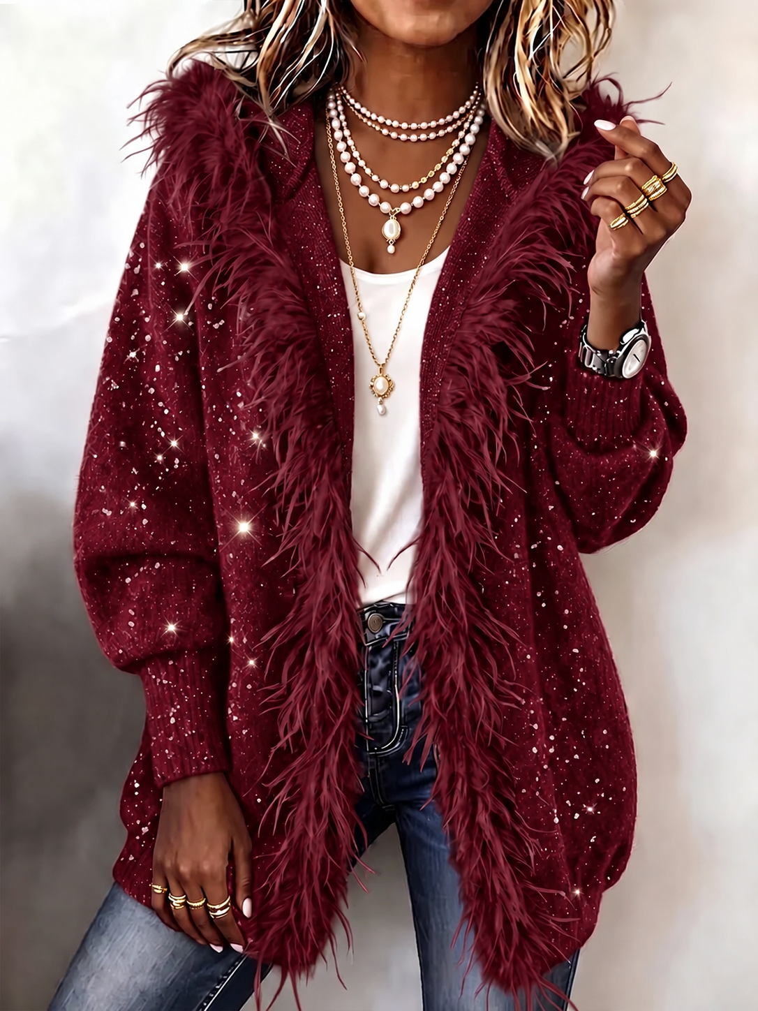 Women Sequin Fuzzy Open Front Cardigan, Long Sleeve Loose Shaggy Knit Sweater Coat