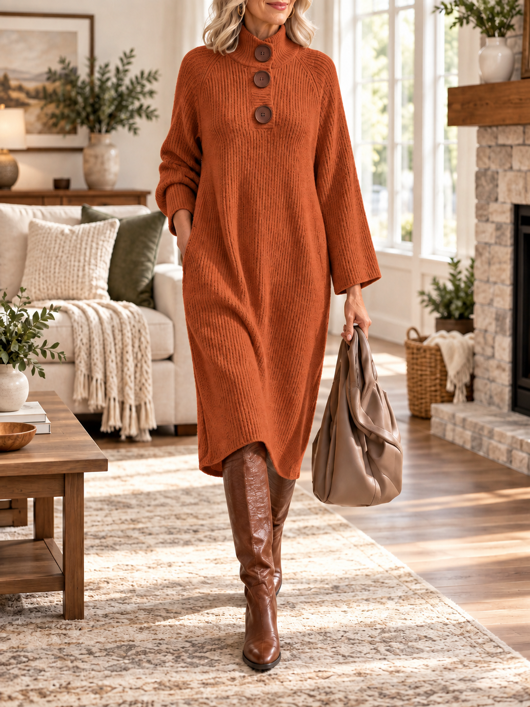 Women’s Ribbed Button Sweater Dress – Cozy Everyday Wear