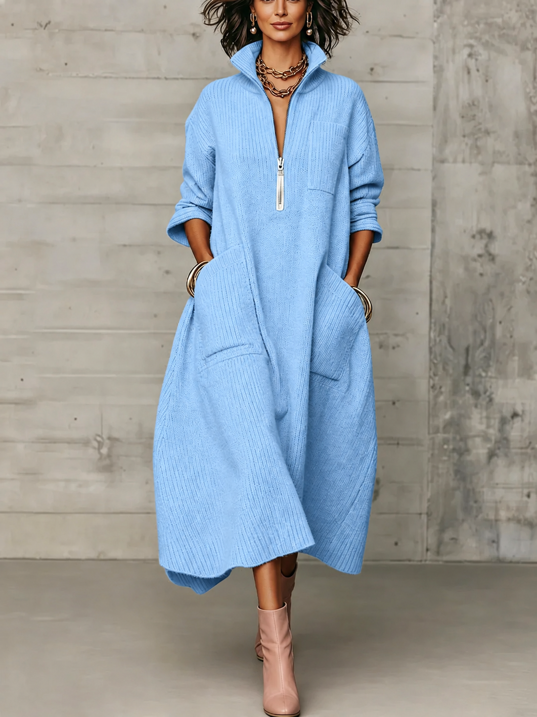 Women Half Zip Stand Collar Maxi Dress, 3/4 Sleeve Loose Long Shirt Dress with Pockets