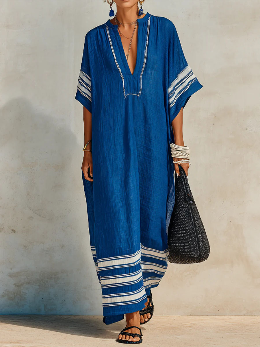 Women’s Cotton Linen Embroidered V-Neck Kaftan Dress