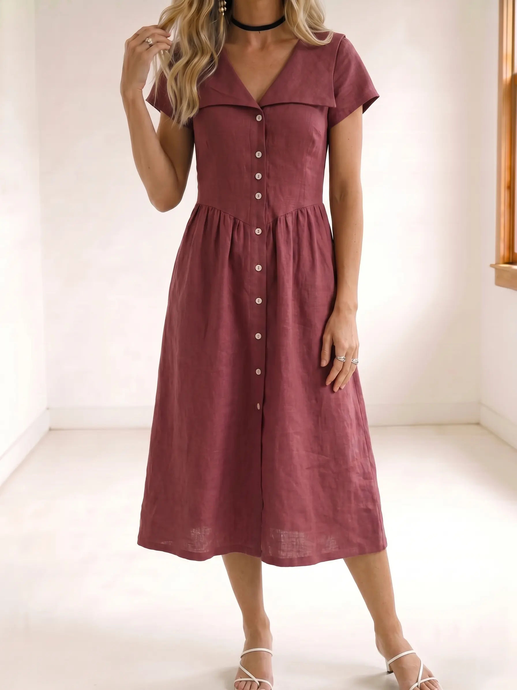 Today 49% off🔥Women’s Cotton Linen Button-Up Midi Shirt Dress