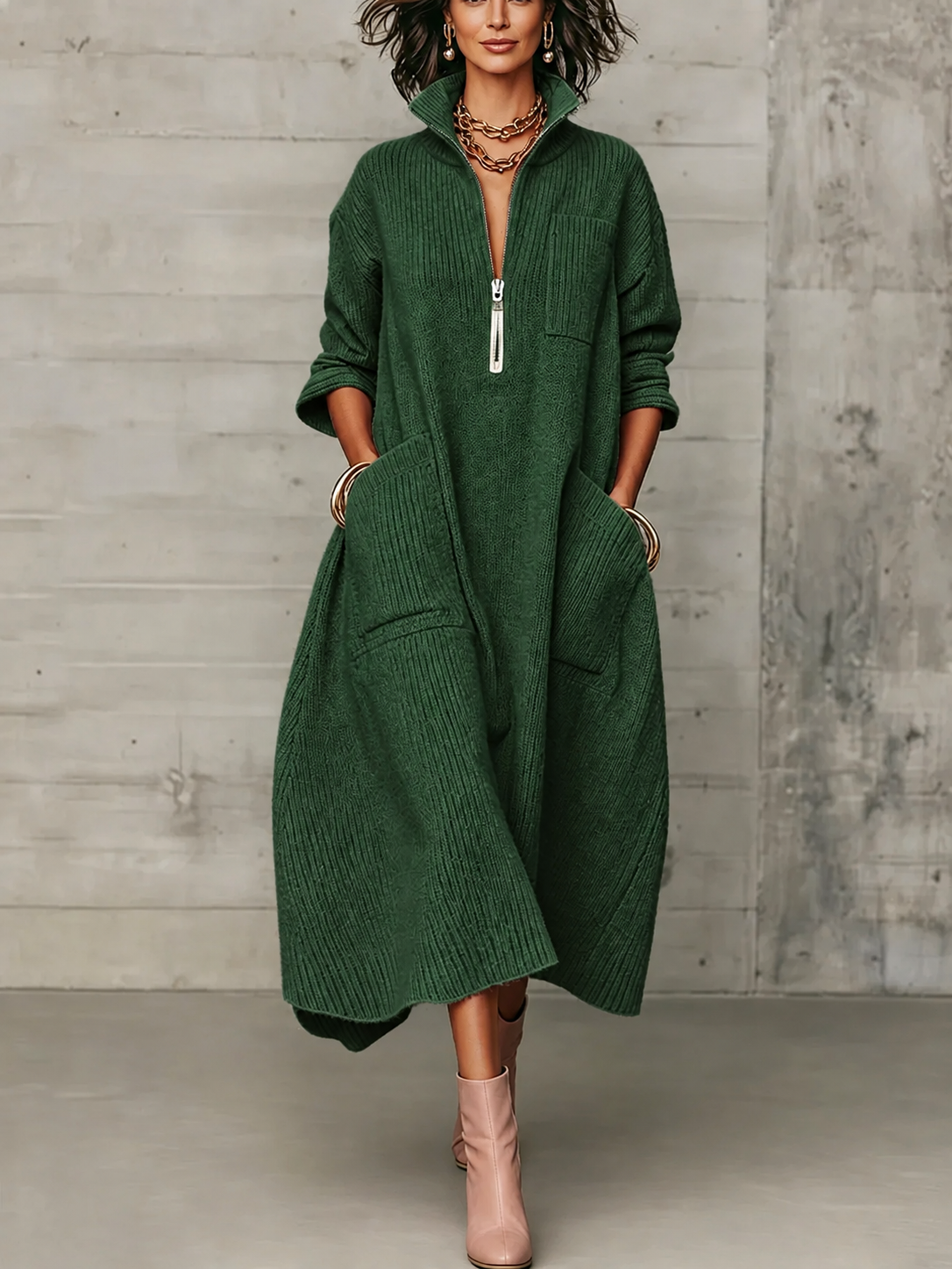 Women Half Zip Stand Collar Maxi Dress, 3/4 Sleeve Loose Long Shirt Dress with Pockets