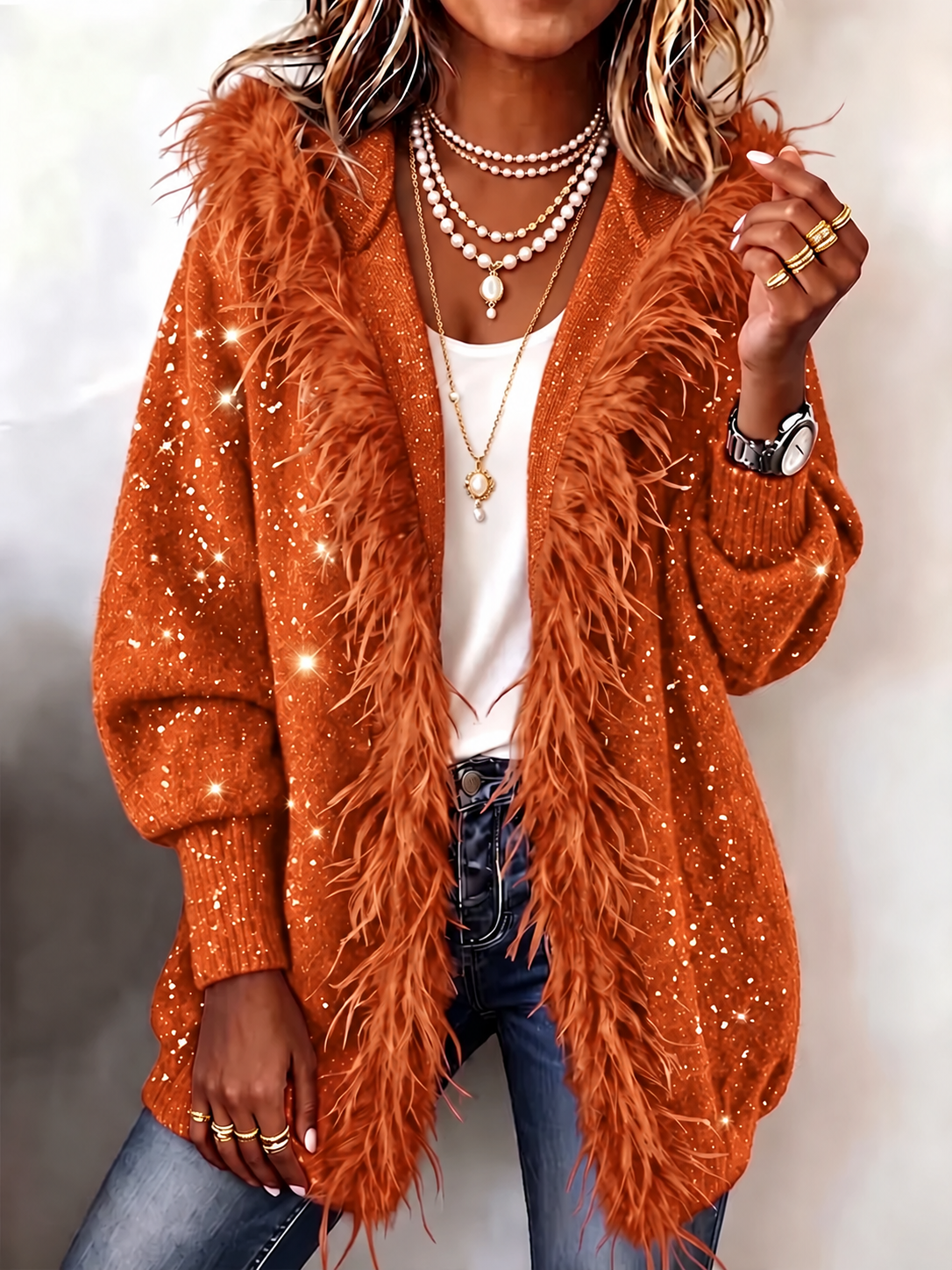 Women Sequin Fuzzy Open Front Cardigan, Long Sleeve Loose Shaggy Knit Sweater Coat