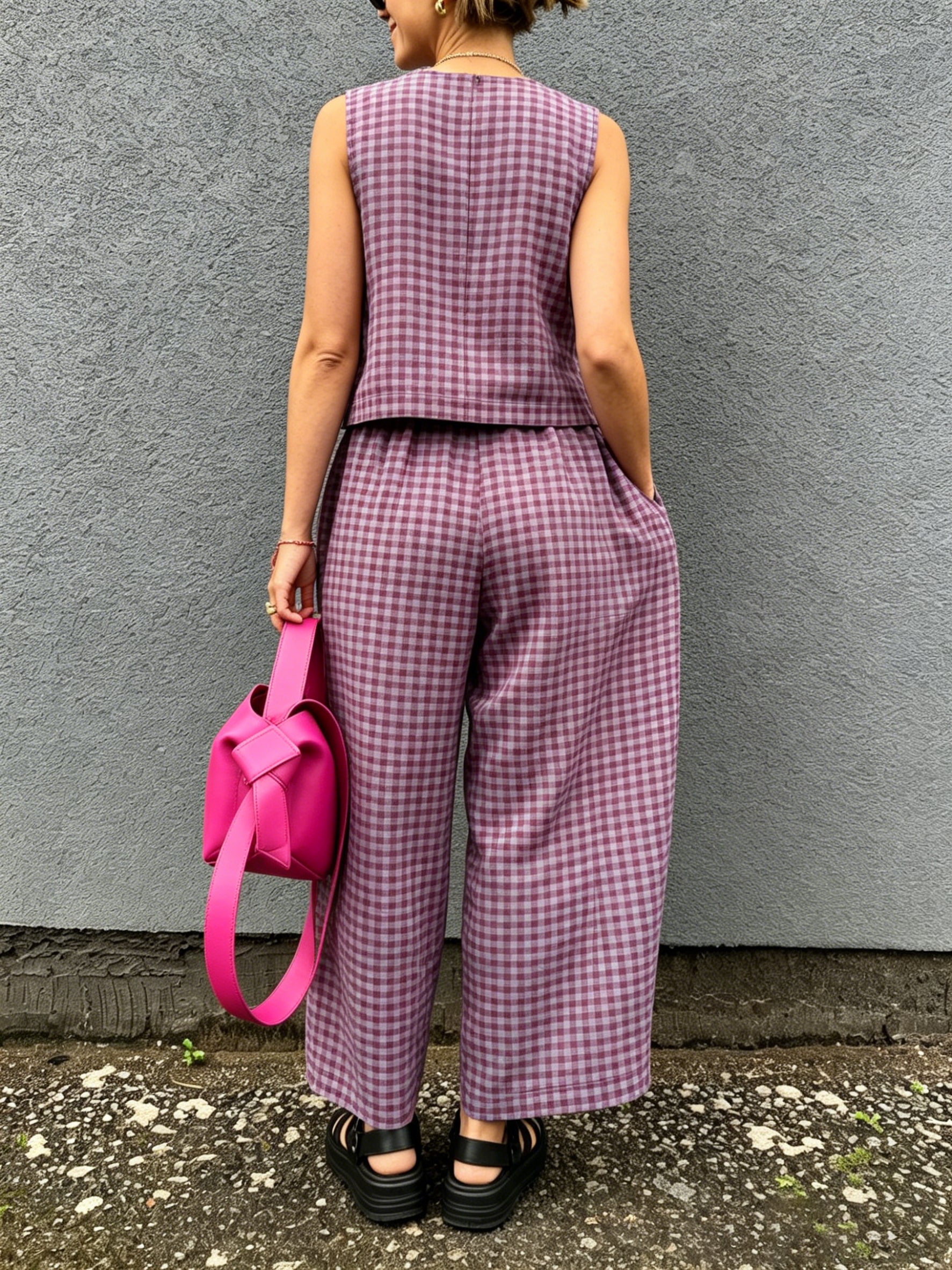 Plaid Minimal Sleeveless Two-Piece Set