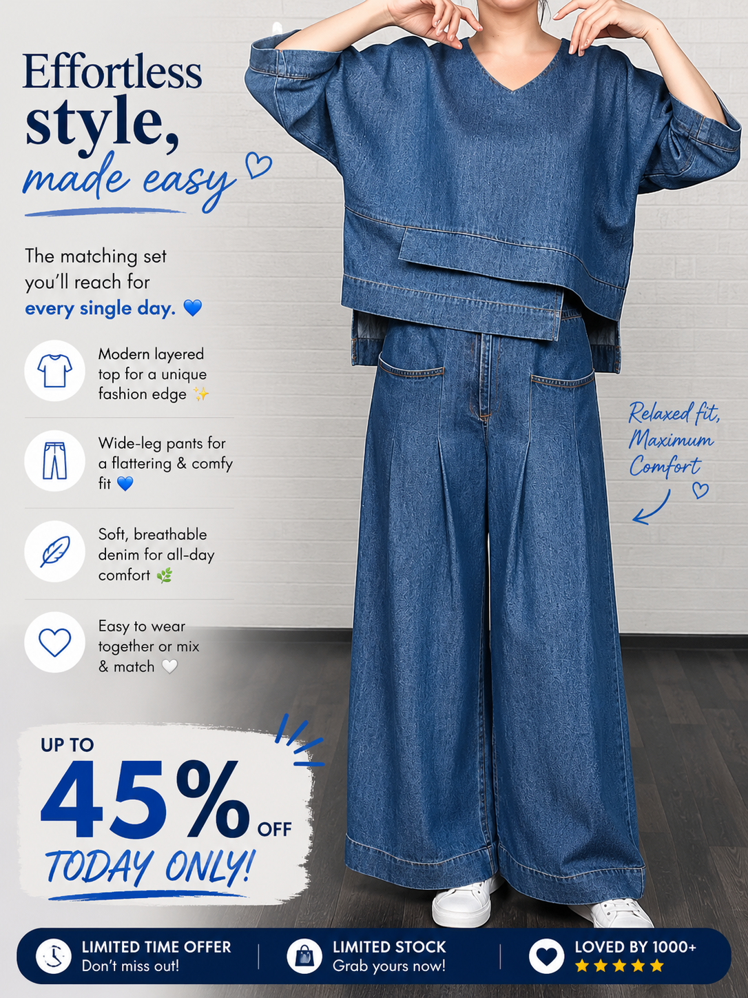 New Arrivals🔥Women’s Denim V-Neck Wide Leg Two-Piece Set