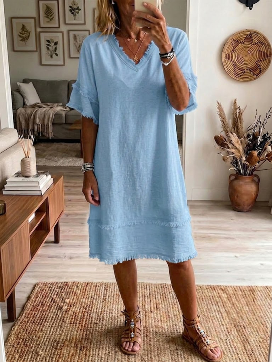 Vintage Frayed Hem Cotton Linen Dress