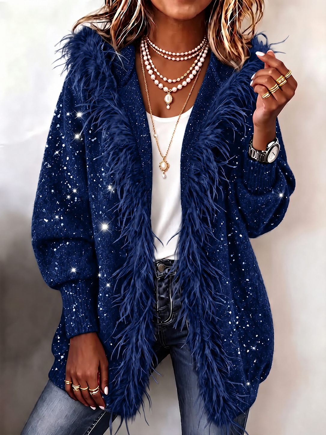 Women Sequin Fuzzy Open Front Cardigan, Long Sleeve Loose Shaggy Knit Sweater Coat