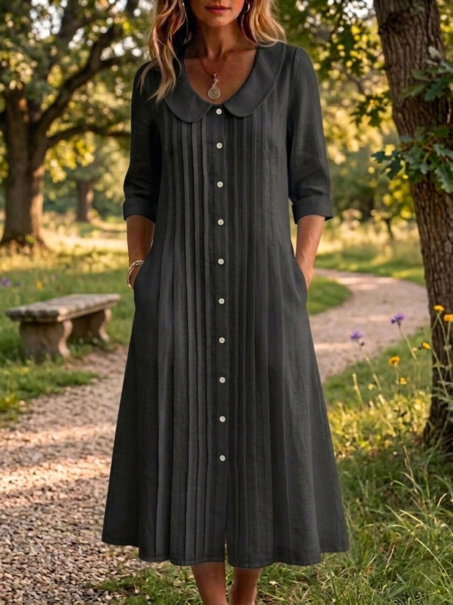 Vintage Peter Pan Collar Pleated Maxi Dress