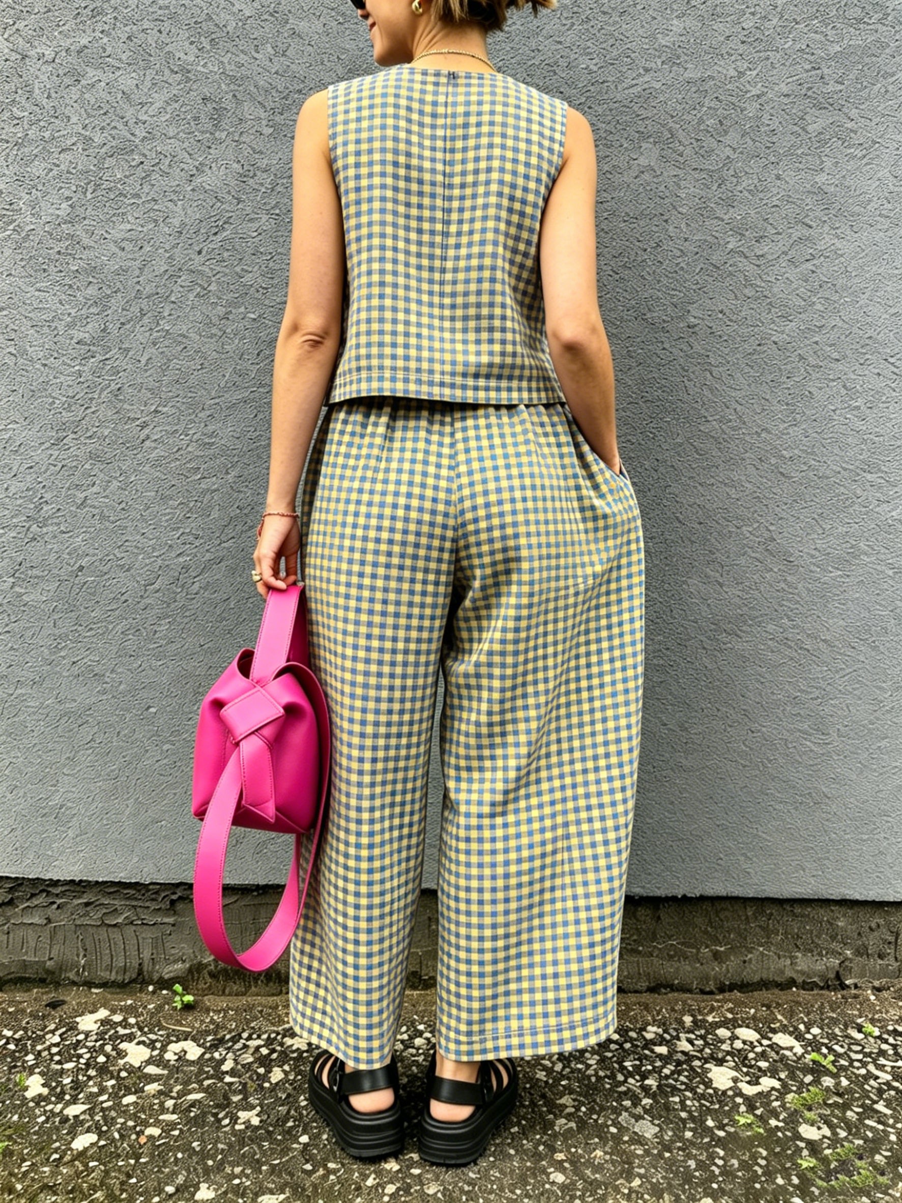 Plaid Minimal Sleeveless Two-Piece Set