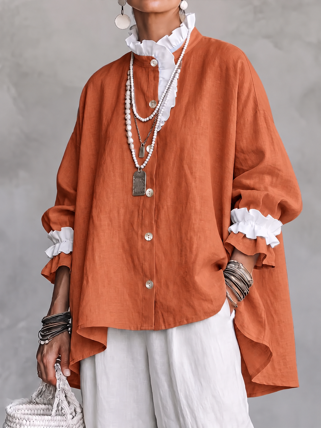 Women Ruffled Collar Linen Shirt, Long Sleeve Button Down Loose Oversized Blouse Top
