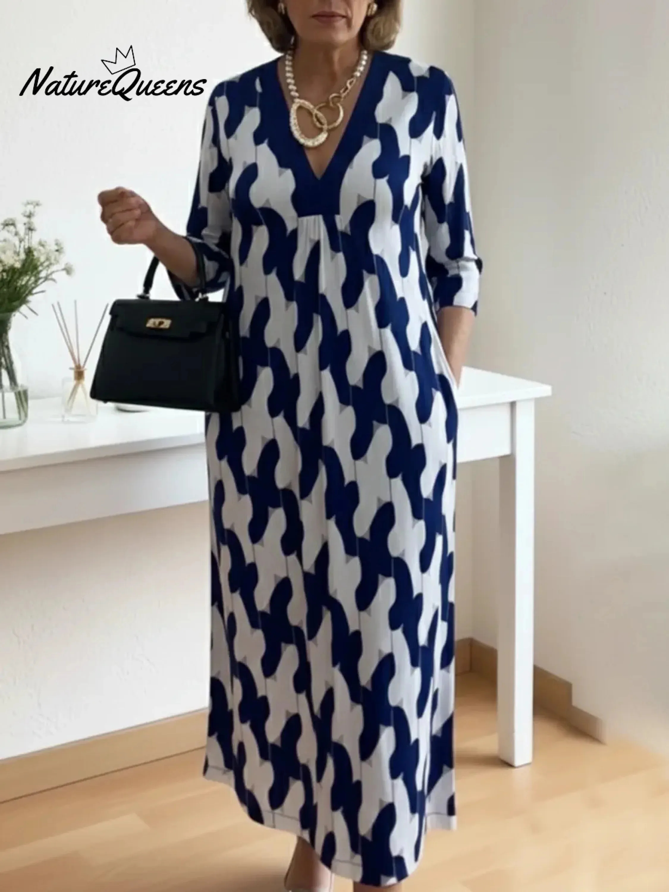 Elegant Abstract Print V-Neck Maxi Dress