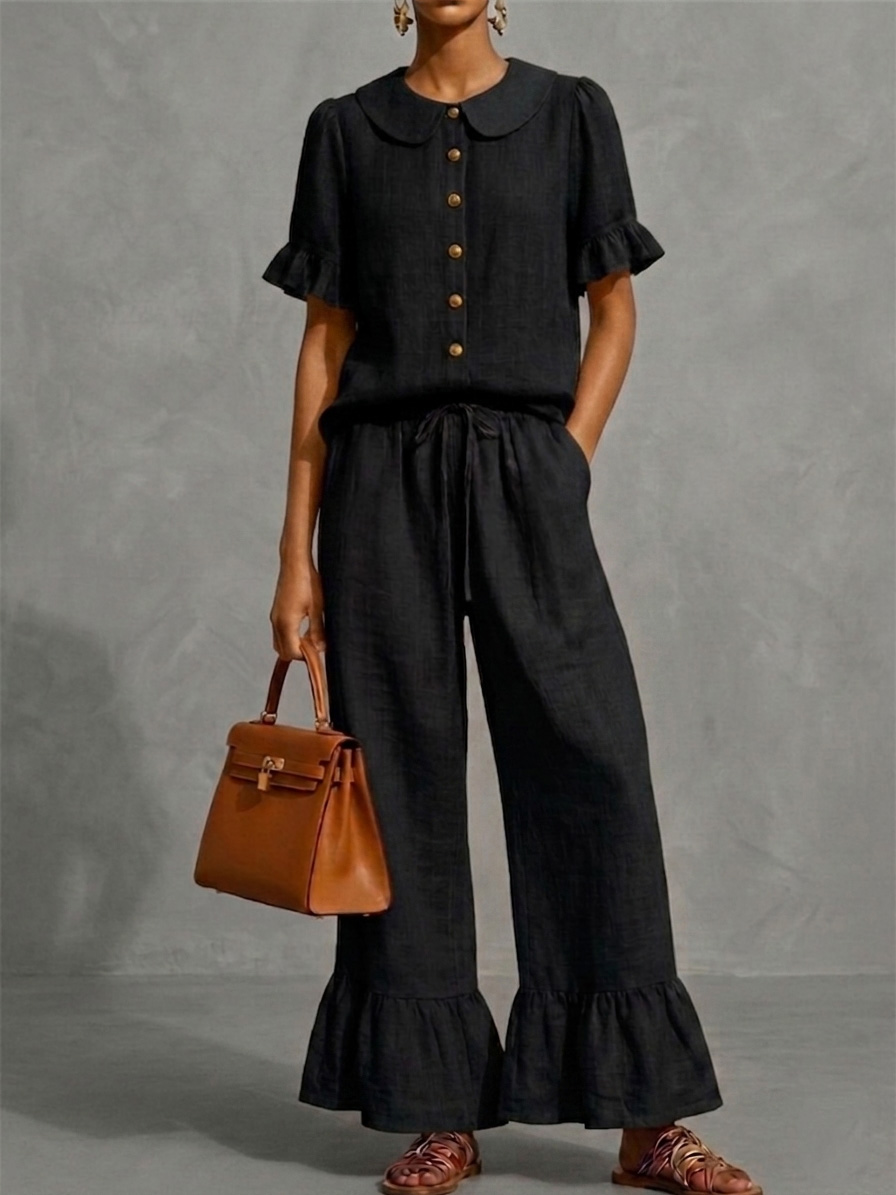 New Arrivals🔥Stylish Ruffled Shirt And Wide-leg Pant Linen Two-piece Set
