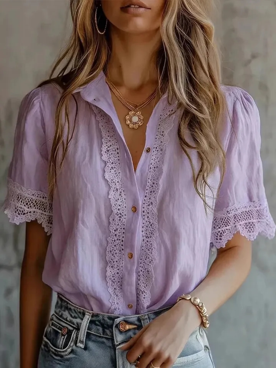 New Arrivals🔥Women's Paneled Lace, Linen, And Cotton Short-sleeve Shirt
