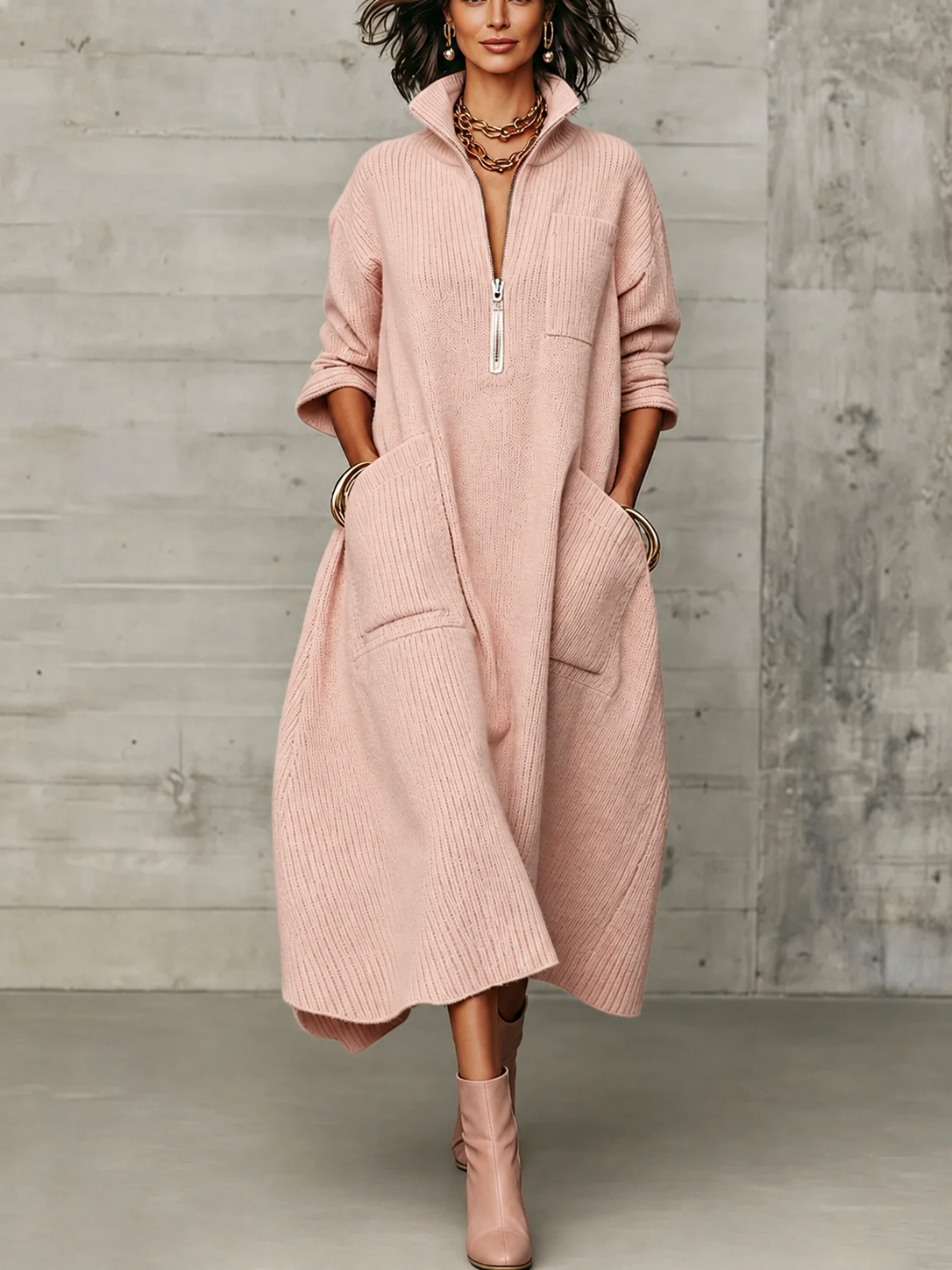 Women Half Zip Stand Collar Maxi Dress, 3/4 Sleeve Loose Long Shirt Dress with Pockets