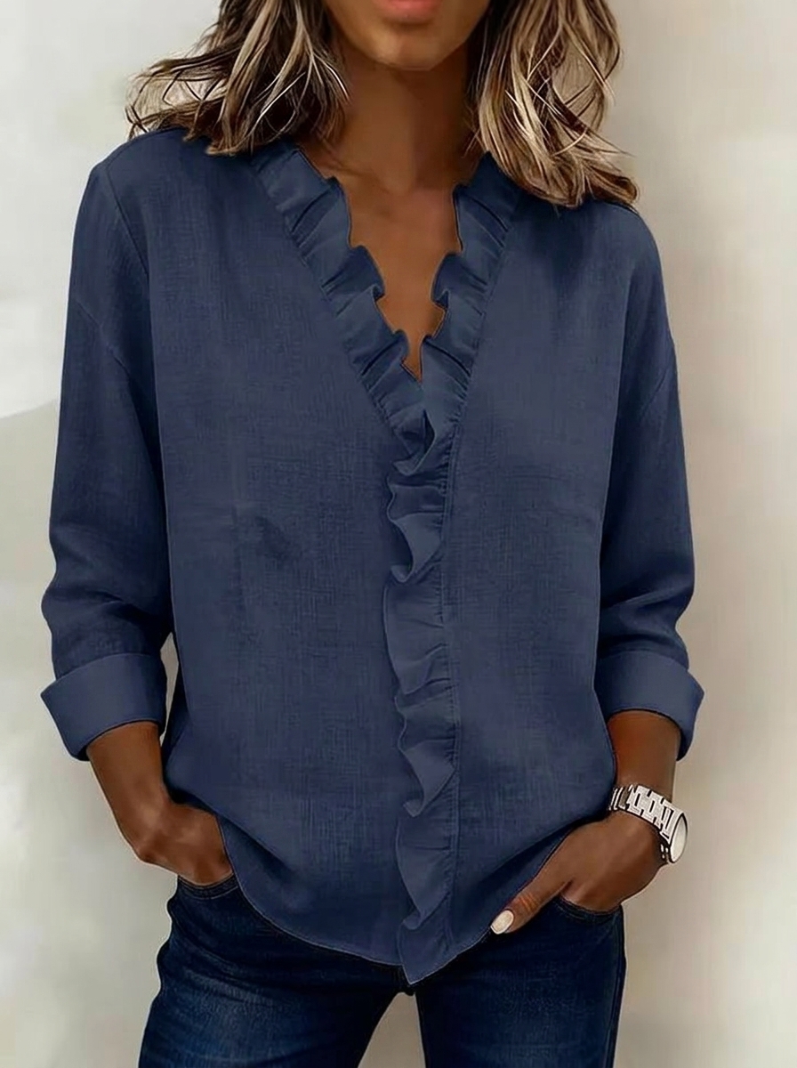 Elegant Ruffle V-Neck Linen Blend Blouse