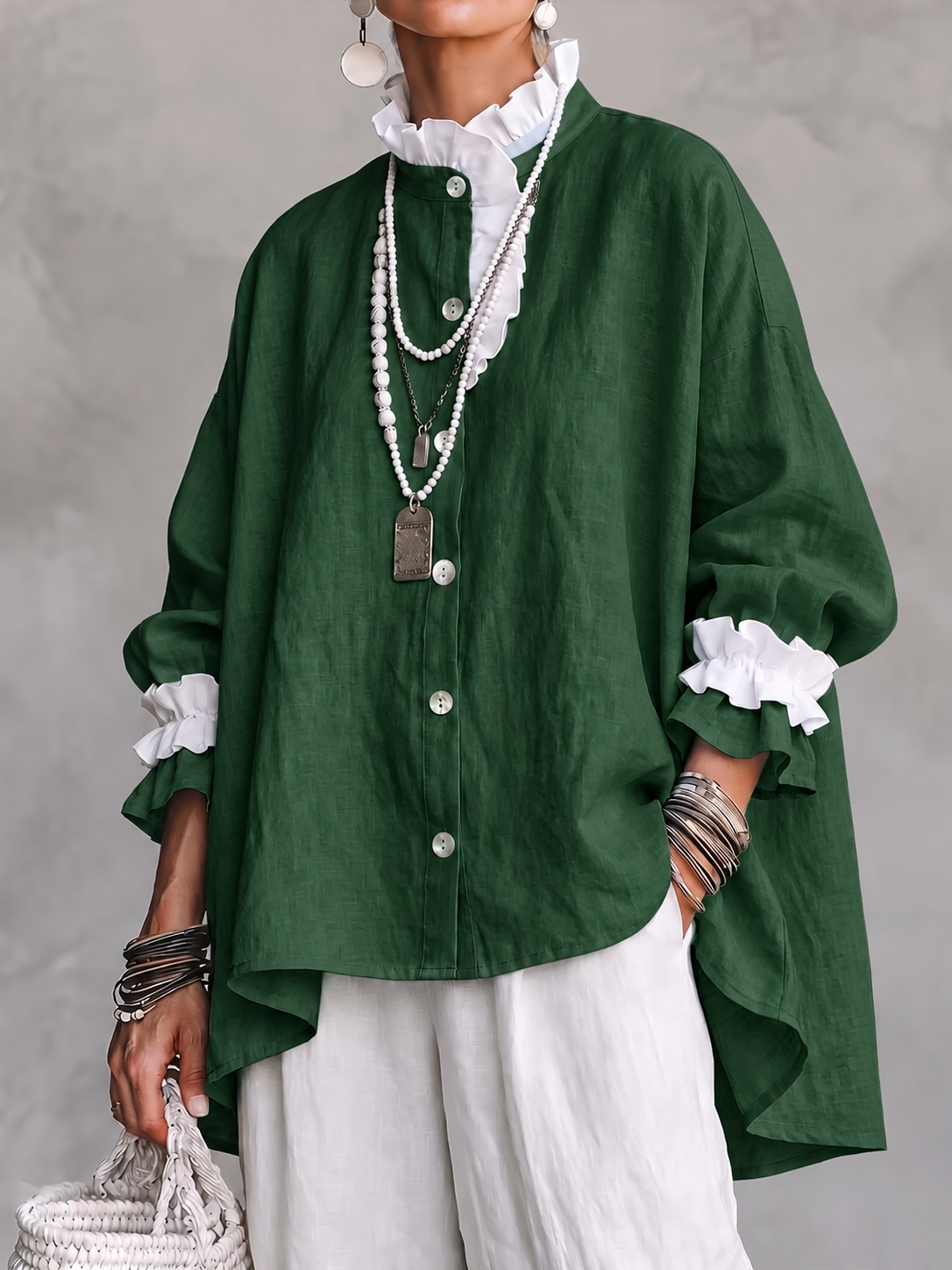 Women Ruffled Collar Linen Shirt, Long Sleeve Button Down Loose Oversized Blouse Top