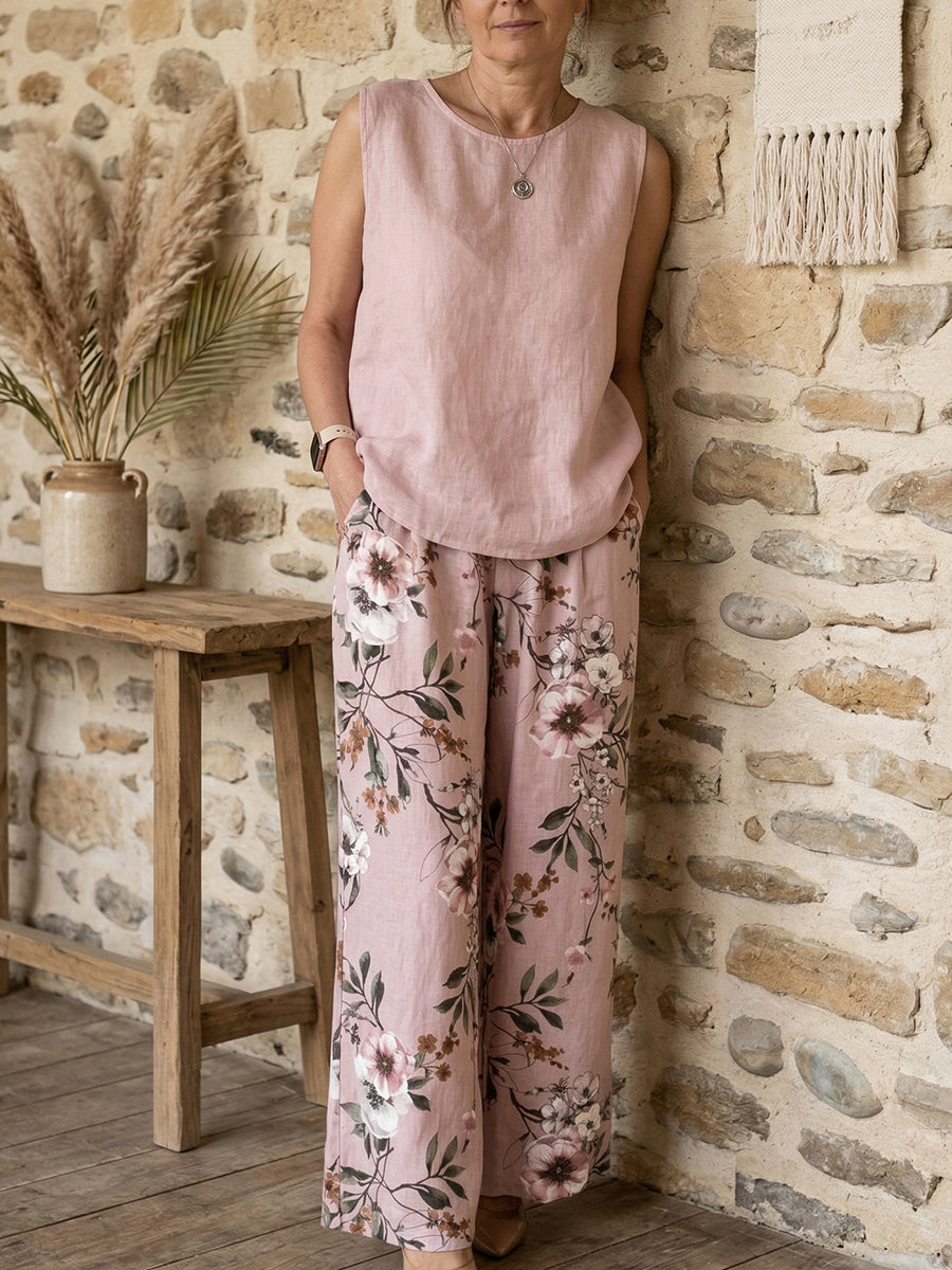 Floral Linen-Blend Relaxed Two-Piece Set