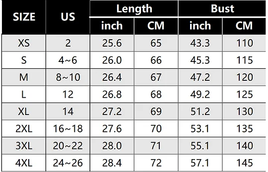 Women's waffle pullover garment size chart from XS to 4XL